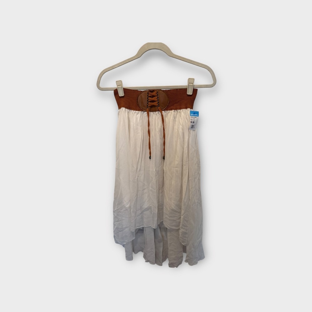 Magic Women's White High Low Skirt‎ Boho Brown Belt Smocked Waist Size Small